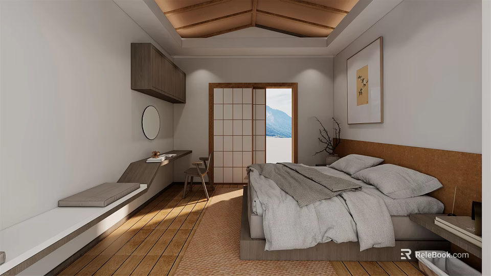 Japanese Style Hotel Guest Room Featuring Wooden Ceiling Flooring Sliding Doors And Mountain View 3d model 