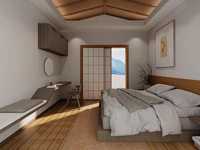Japanese Style Hotel Guest Room Featuring Wooden Ceiling Flooring Sliding Doors And Mountain View 3d model