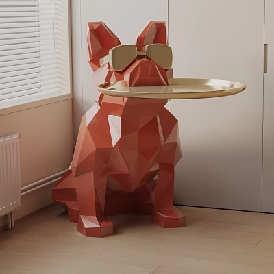 Red Geometric Dog Shaped Side Table With Gold Tray And Sunglasses 3d model Red Geometric Dog Shaped Side Table With Gold Tray And Sunglasses 3d model