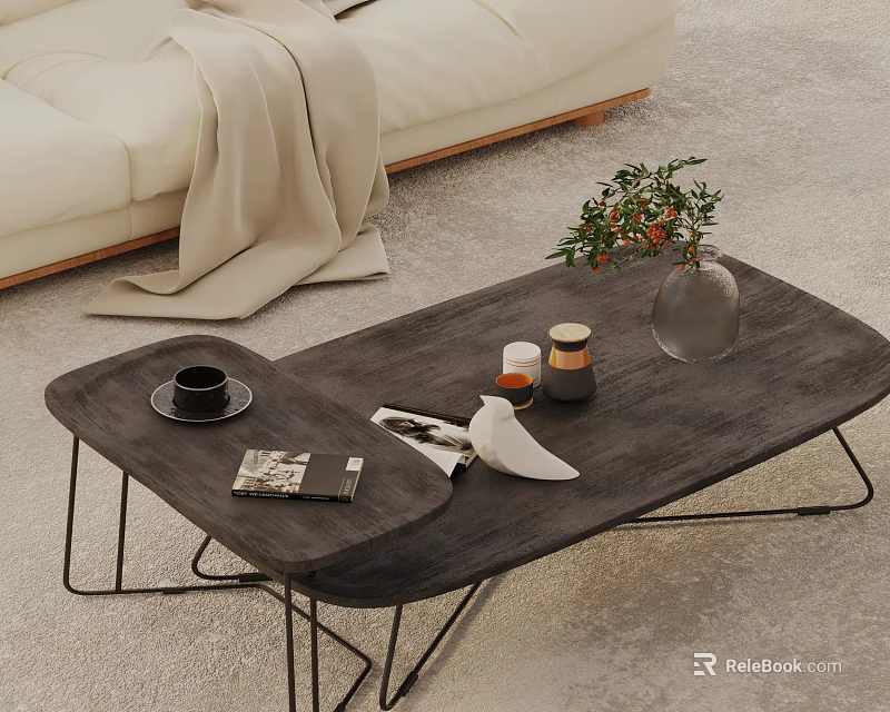 Light Colored Sofa With Wooden Coffee Table Set And Metal Legs Plant Magazine Cup 3d model 
