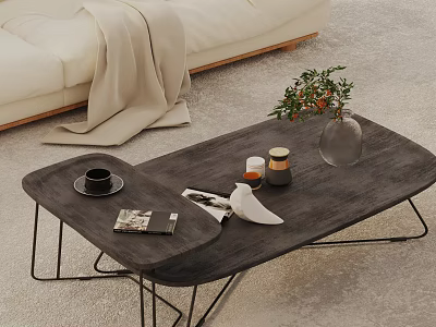 Light Colored Sofa With Wooden Coffee Table Set And Metal Legs Plant Magazine Cup 3d model