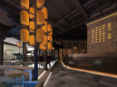 Chinese Restaurant Interior With Hanging Lanterns Wooden Decor And Warm Lighting 3d model