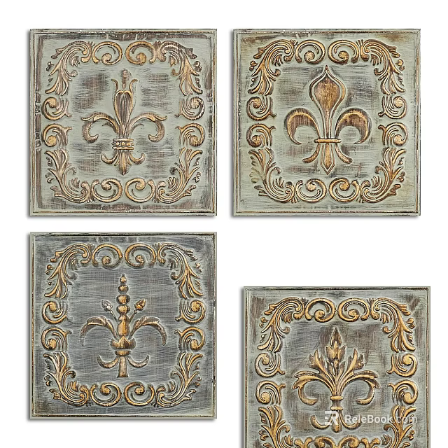 Vintage Ornate Wall Decor With Gold Gray Embossed Fleur de Lis Patterns 3d model 