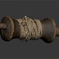 Vintage Wooden Reel Wound With Natural Rope And Rustic Textured Surface