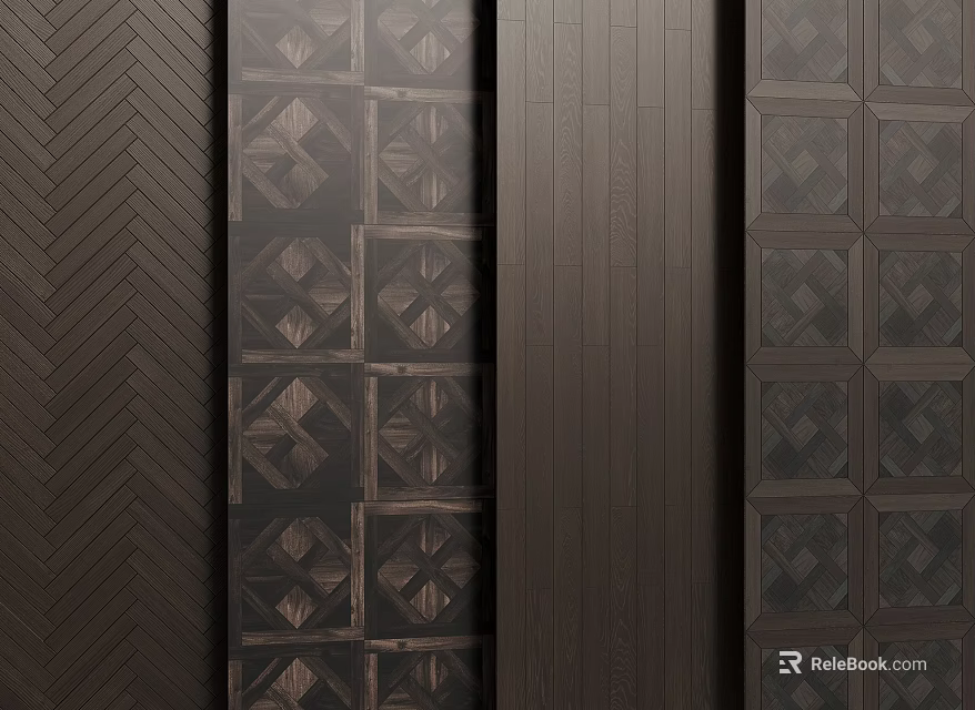 Elegant Dark Wooden Flooring With Herringbone And Square Pattern Textured Designs 3d model 