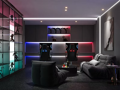 Modern Gaming Cafe With Glass Partition Gaming Silhouettes RGB Lights Ergonomic Chairs And Cozy Sofas 3d model
