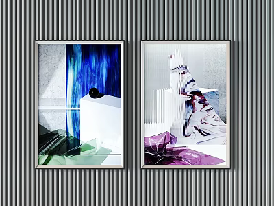 Two Abstract Framed Paintings on Striped Wall with Colorful Artistic Patterns 3d model