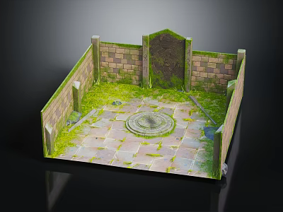 Cartoon Scene Featuring Square Courtyard Brick Walls Stone Pavement Circular Mossy Center and Arched Gate 3d model