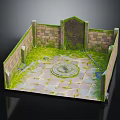 Cartoon Scene Featuring Square Courtyard Brick Walls Stone Pavement Circular Mossy Center and Arched Gate
