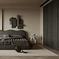 Modern Bedroom Interior With Gray Bed Curved Headboard Abstract Wall Art And Accent Chair