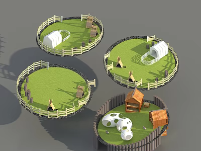 Park Landscape With Circular Design Green Lawns White Fences Small Tents And Wooden Cabins 3d model