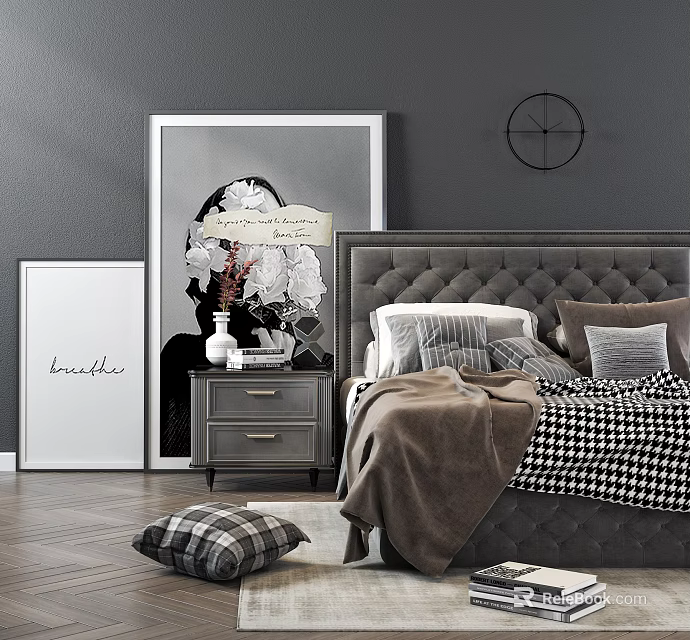 Modern Double Bed with Upholstered Headboard Decorative Pillows Nightstand and Wall Art 3d model 