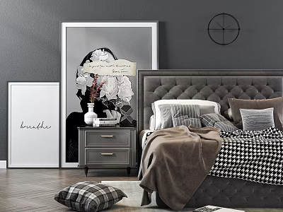 Modern Double Bed with Upholstered Headboard Decorative Pillows Nightstand and Wall Art 3d model