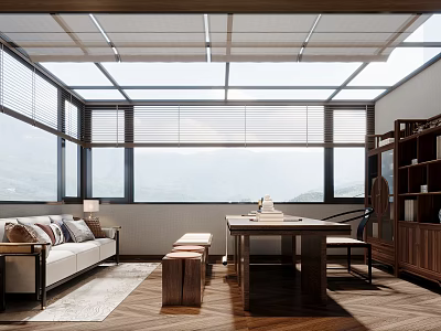 Serene Study Room Interior With Large Windows Mountain View Wooden Furniture And Natural Light 3d model