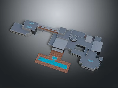 3D Architectural Layout With Pool Bar Area And Modern Geometric Structures 3d model
