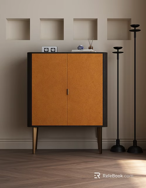 Modern Decorative Cabinet With Orange Doors Black Frame Wooden Legs And Top Ornaments 3d model 
