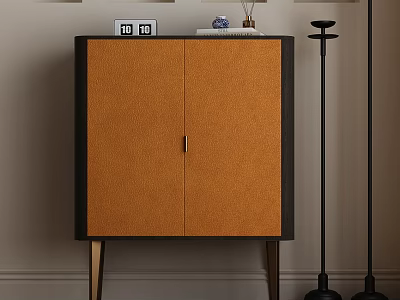 Modern Decorative Cabinet With Orange Doors Black Frame Wooden Legs And Top Ornaments 3d model