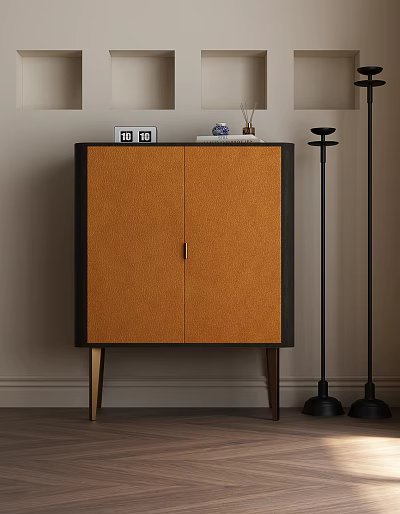Modern Decorative Cabinet With Orange Doors Black Frame Wooden Legs And Top Ornaments 3d model
