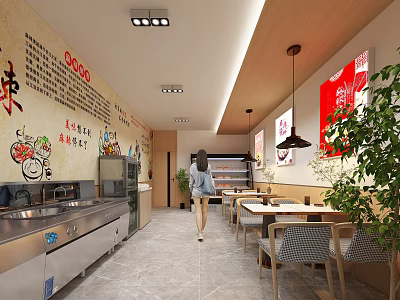 Traditional Chinese Restaurant Interior with Stainless Steel Counter Calligraphy Red Posters Tables Chairs Green Plants 3d model