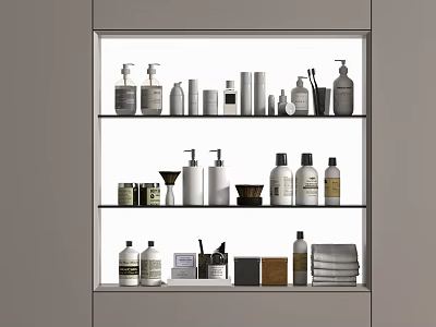 Organized Shelf Display Of Daily Laundry And Cleaning Products With Bottles And Towels 3d model