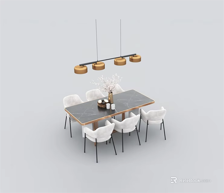 Modern Rectangular Dining Table Set with White Chairs Marble Top and Gold Pendant Lights 3d model