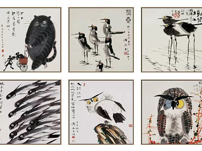 Traditional Chinese Ink Animal Paintings Featuring Cats Cranes Fish And Owls Artworks 3d model