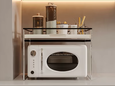 Elegant Modern Kitchen Interior With Microwave Storage Shelf Containers And Built In Lighting 3d model