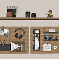 Pegboard and Wooden Shelf Wall Decor with Camera Headphones Magazine and Decorative Items