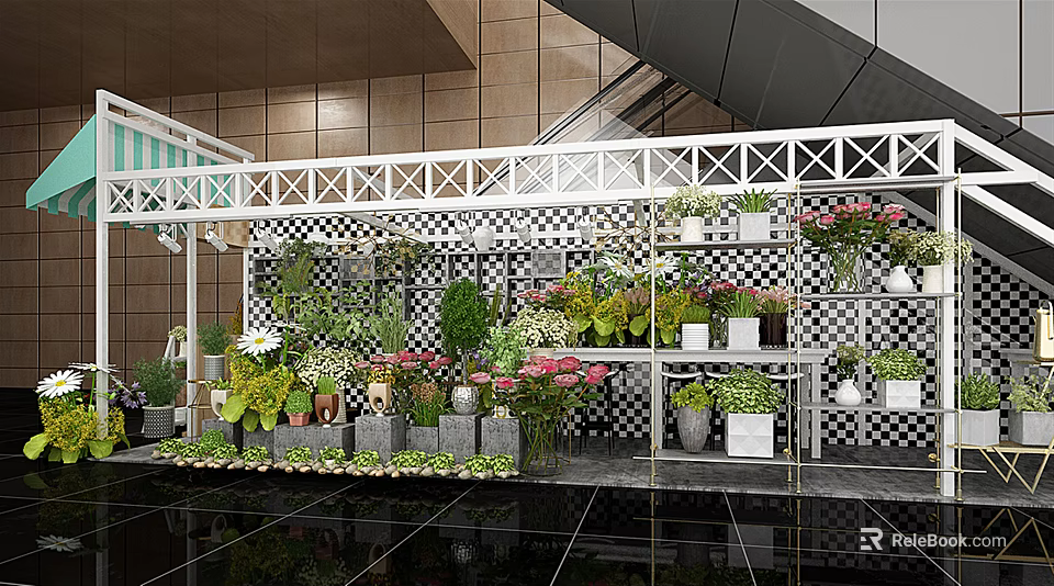 Bonsai Potted Plants Display with Various Greenery on Shelves in Checkered Background and Lighting 3d model 
