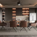 Modern Restaurant Interior With Open Layout Dining Table Brown Chairs And Ceiling Lighting 3d model