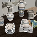 Decorative Ceramic Vases And Tableware On Wooden Table With Mugs Plates 3d model