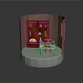 Traditional Chinese Display Scene With Wooden Cabinet Vases Tea Sets And Small Table