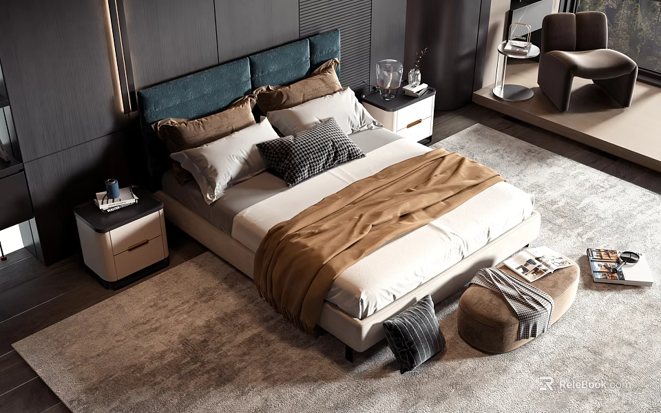 Modern Double Bed Interior With Upholstered Headboard Decorative Pillows Nightstands And Area Rug 3d model 