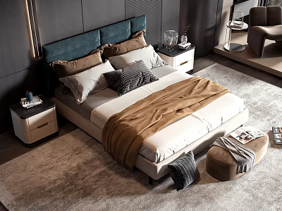 Modern Double Bed Interior With Upholstered Headboard Decorative Pillows Nightstands And Area Rug 3d model