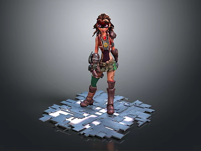 Steampunk Style Female 3D Character With Goggles Standing On Metal Shard Platform 3d model