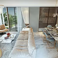 Modern Living Dining Room Interior Design With Beige Sofa Coffee Table Floor-to-Ceiling Windows And Chandelier