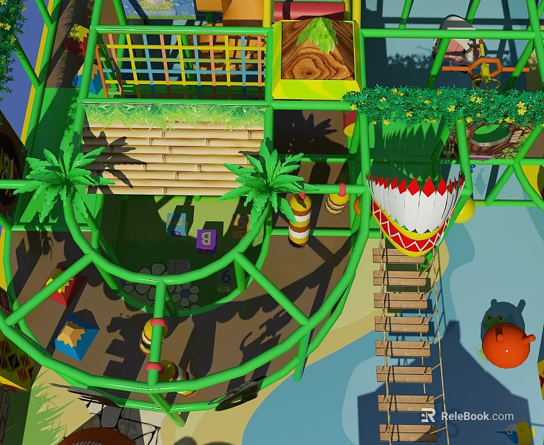 Commercial Playground Equipment With Green Metal Frame Palm Trees Slides And Climbing Structures 3d model 