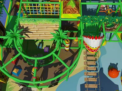 Commercial Playground Equipment With Green Metal Frame Palm Trees Slides And Climbing Structures 3d model