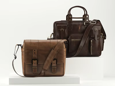 Stylish Classic Leather Satchel And Briefcase In Brown And Dark Brown On White Display Stand 3d model