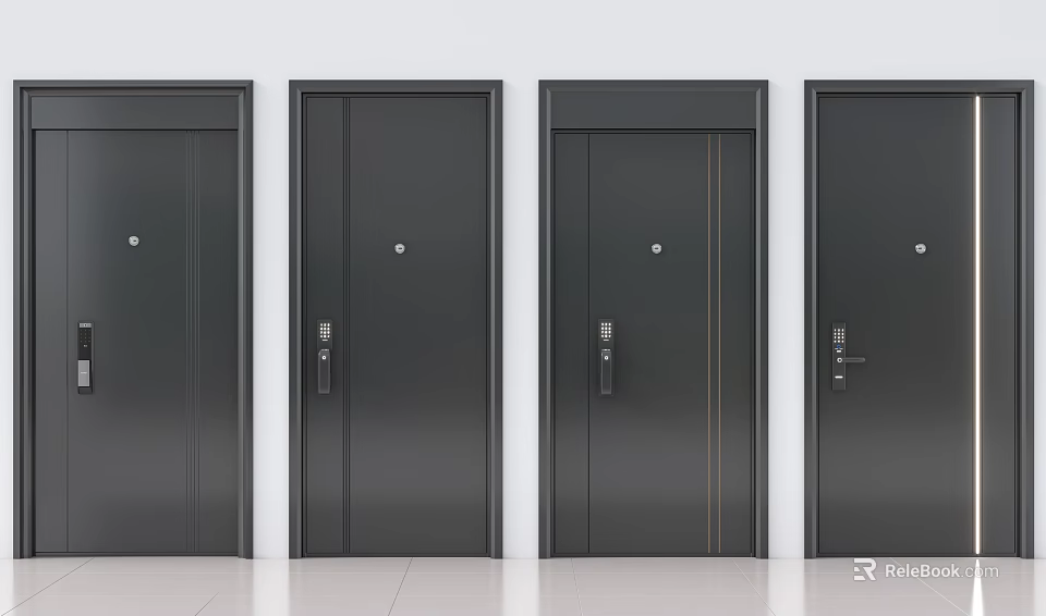 Modern Black Security Doors With Distinctive Handle And Panel Designs 3d model 