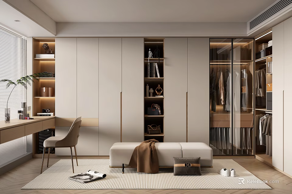 Modern Walk In Closet With Built In Wardrobes Desk Chair And Bench 3d model 