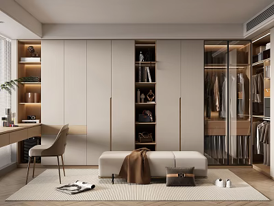 Modern Walk In Closet With Built In Wardrobes Desk Chair And Bench 3d model