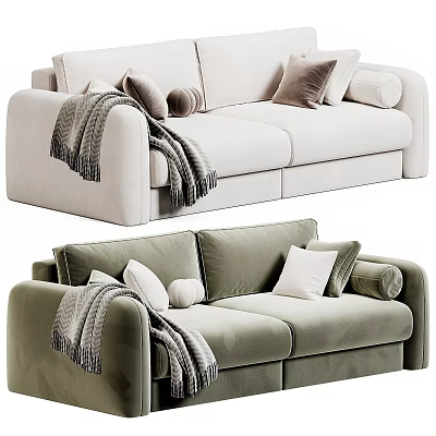 Two Seater Sofa In Cream And Sage Green With Soft Pillows And Cozy Throw Blanket 3d model