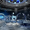 Modern Luxury Starry Sky Theme Banquet Hall With Starry Chandeliers Moon Decorations Round Stage Tables