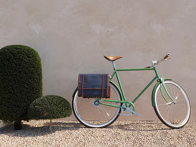 Green Bicycle With Leather Saddle And Bag Near Topiary On Gravel 3d model