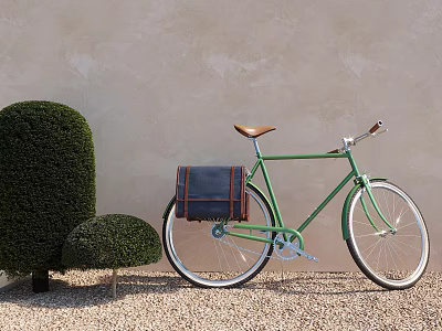 Green Bicycle With Leather Saddle And Bag Near Topiary On Gravel 3d model Green Bicycle With Leather Saddle And Bag Near Topiary On Gravel 3d model