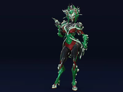Green And Red Armored Character With Spiked Biomechanical Features And Mythical Creature Design 3d model