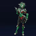 Green And Red Armored Character With Spiked Biomechanical Features And Mythical Creature Design