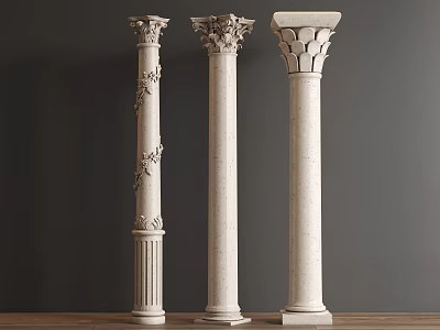 Three Classical Decorative Stone Columns With Carved Ornaments Fluted Shafts And Capitals 3d model