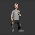 3D Model Boy In Gray T-shirt Jeans And Sneakers With Dynamic Pose On Reflected Floor